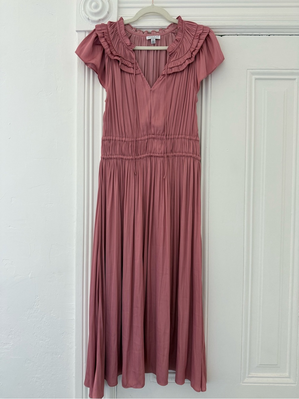Current Air Dusty Rose Pleated Maxi Dress with Ruffle Neck
